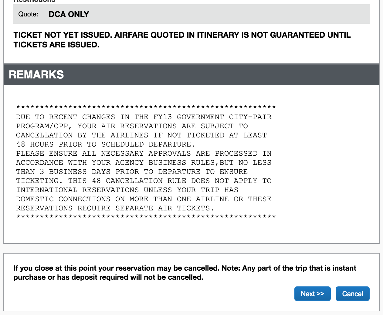 pending reservation warning