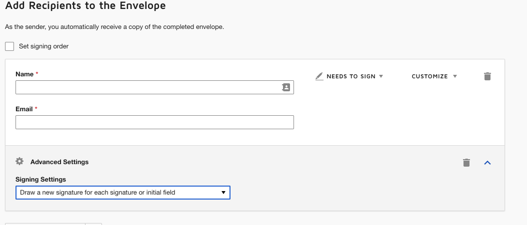 Screenshot of DocuSign interface to add a recipient to an envelope with the 'Draw a new signature for each signature or initial field' selected in the Signing Settings drop-down menu